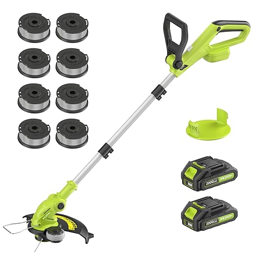Electric String Trimmer Cordless with 2x2.0Ah Battery, 20V Weed Wacker Weed Eater with Charger, 12-inch Lawn Mover & Edger Lawn Tool, Powered Grass Trimmer with 8pcs Spool Line for Yard, Garden, Green
