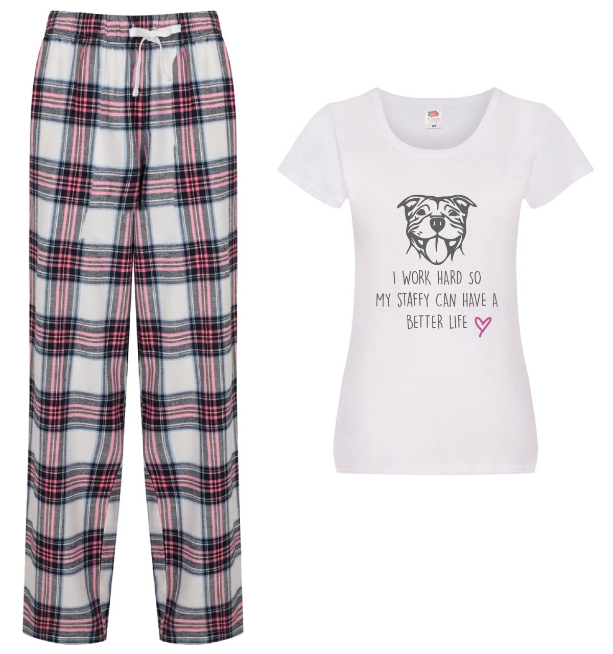60 Second Makeover Women's Pink Limited I Work Hard So My Staffy Can Have A Better Life Pyjamas Tartan Trouser Bottoms Pyjama Dog Pyjamas Staffordshire Bull Terrier