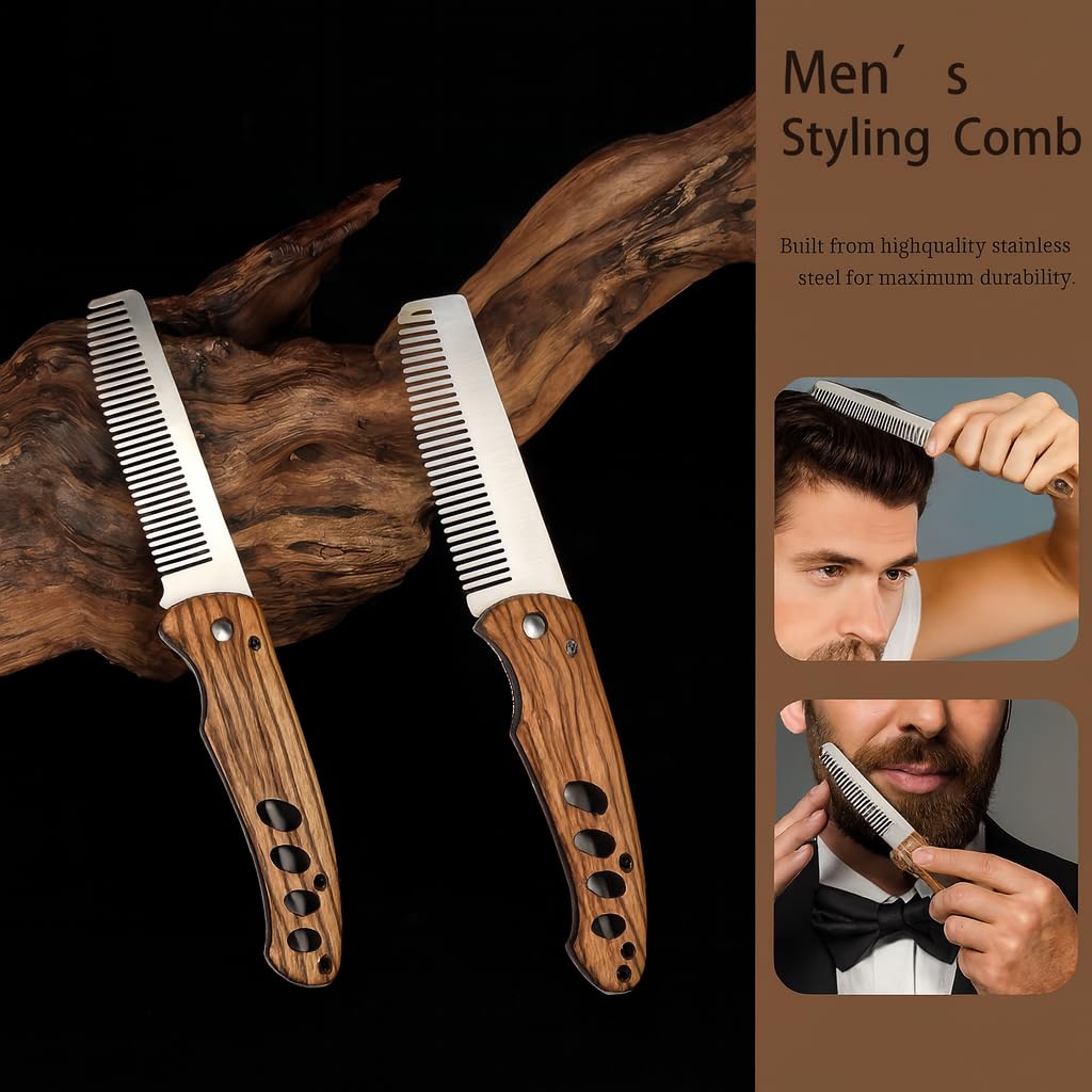 1 Pezzi pettine barba uomo pieghevole in legno e acciaio inox, accessorio da viaggio per barba baffi, modello tascabile per capelli e cura quotidiana maschile, design portatile per uso casa e viaggio