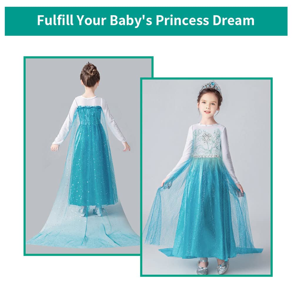 URAQT Costume di Elsa, Set da Principessa Elsa Corona Bacchetta Guanti Treccia, Costume di Cosplay Party Halloween Costume Abito delle Ragazze di Natale Vestito Fantasia (Verde Chiaro-140)