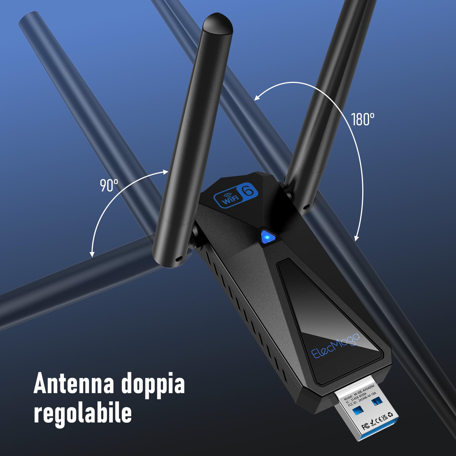 ElecMoga Chiavetta WiFi AX5400 USB Dual Band Adattatore USB WiFi 6, Antenna Dual 2dBi, 5400Mbps, Plug & Play per Windows 10/11, Desktop PC Fisso, Chiavetta WiFi USB 5GHz/2.4GHz/6GHz
