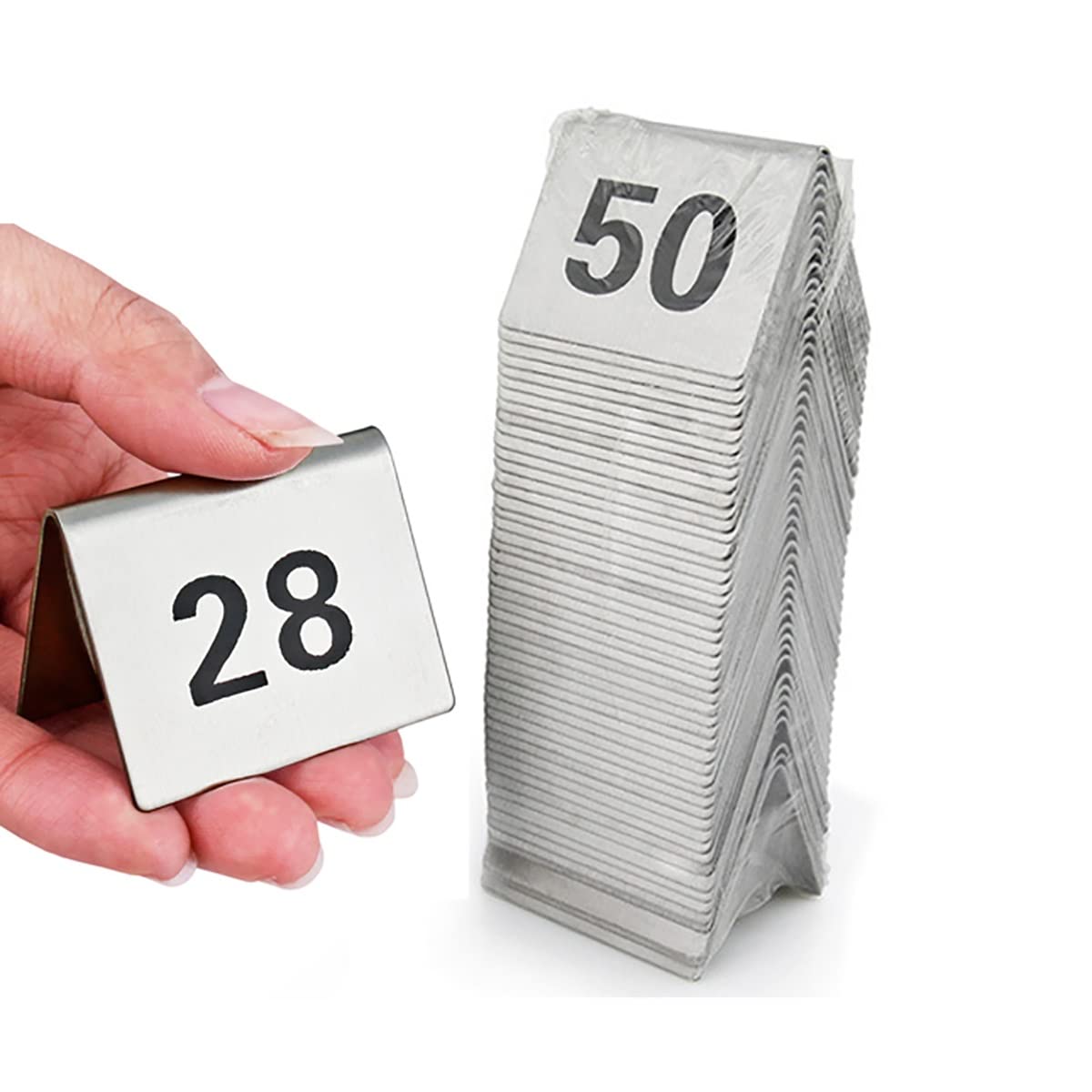 SaryEdge Table Numbers Stainless Steel, 1-25/50/100 Double Side Table Number Cards, Restaurant Seating Metal Stackable Table Numbers, Wedding Anniversary Event,1 to 50