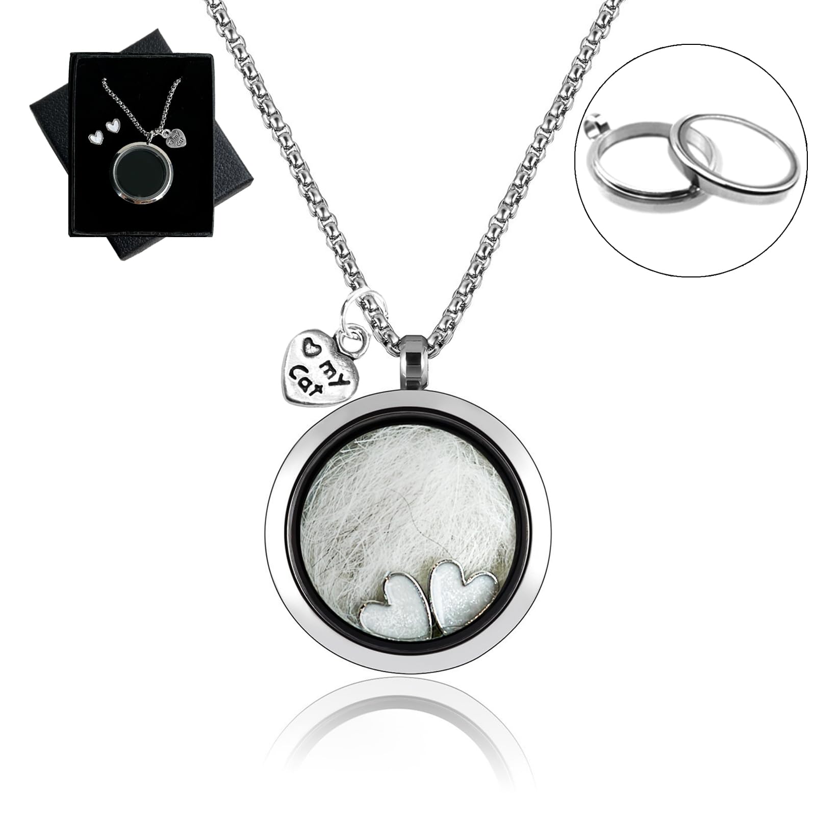 Cat Fur Keepsake Necklace, Ashes Hair Memory Urn with Charm, Glass Circle Memorial Pendant Necklace, Pet Cremation Memorial Jewelry for Women Men,