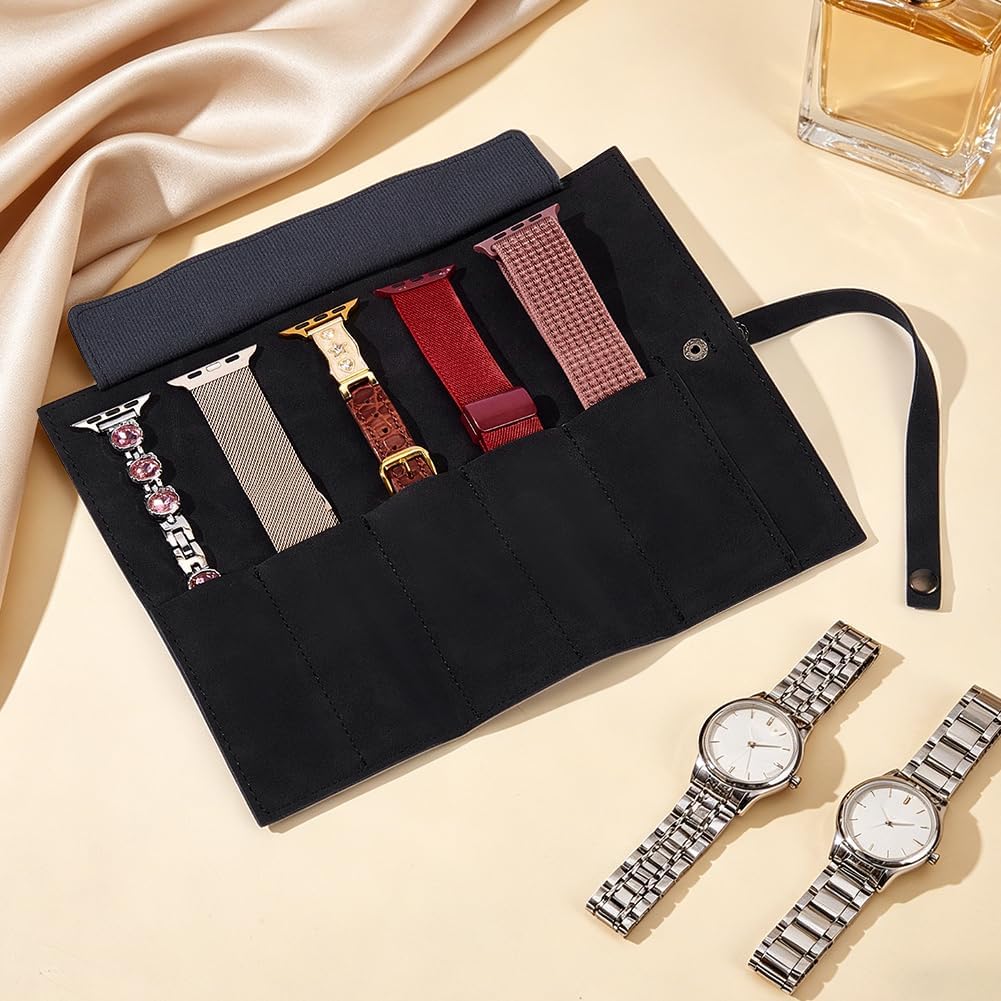 PH PandaHall Black PU Leather Watch Band Storage Bag Pouch Organizer Protable Watch Band Travel Case Stand Display for Men Women Outdoor Adventure Business Trip Holder and Organizer