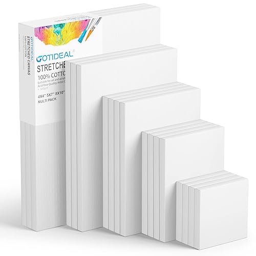GOTIDEAL18Pcs Stretched Canvases for Painting Multi Pack 4x4, 5x7, 8x10,9x12, 11x14 Set, Primed White - 100% Cotton Artist Blank Canvas Boards for Painting, Acrylic Pouring,Oil Paint - White - Multi Size-18 Pcs