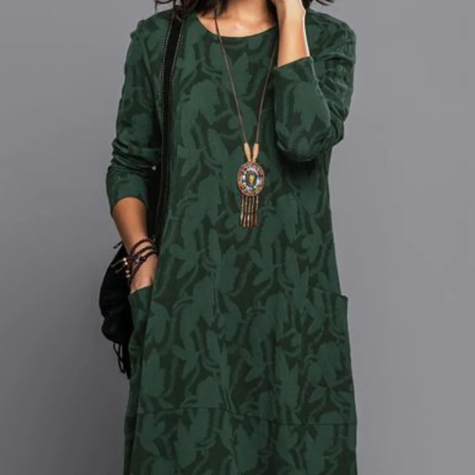Vestido midi floral de manga larga con cuello redondo, para primavera y otoño, vestido suelto a media pantorrilla con bolsillos laterales, elegante atuendo con estampado floral para mujer, uso diario