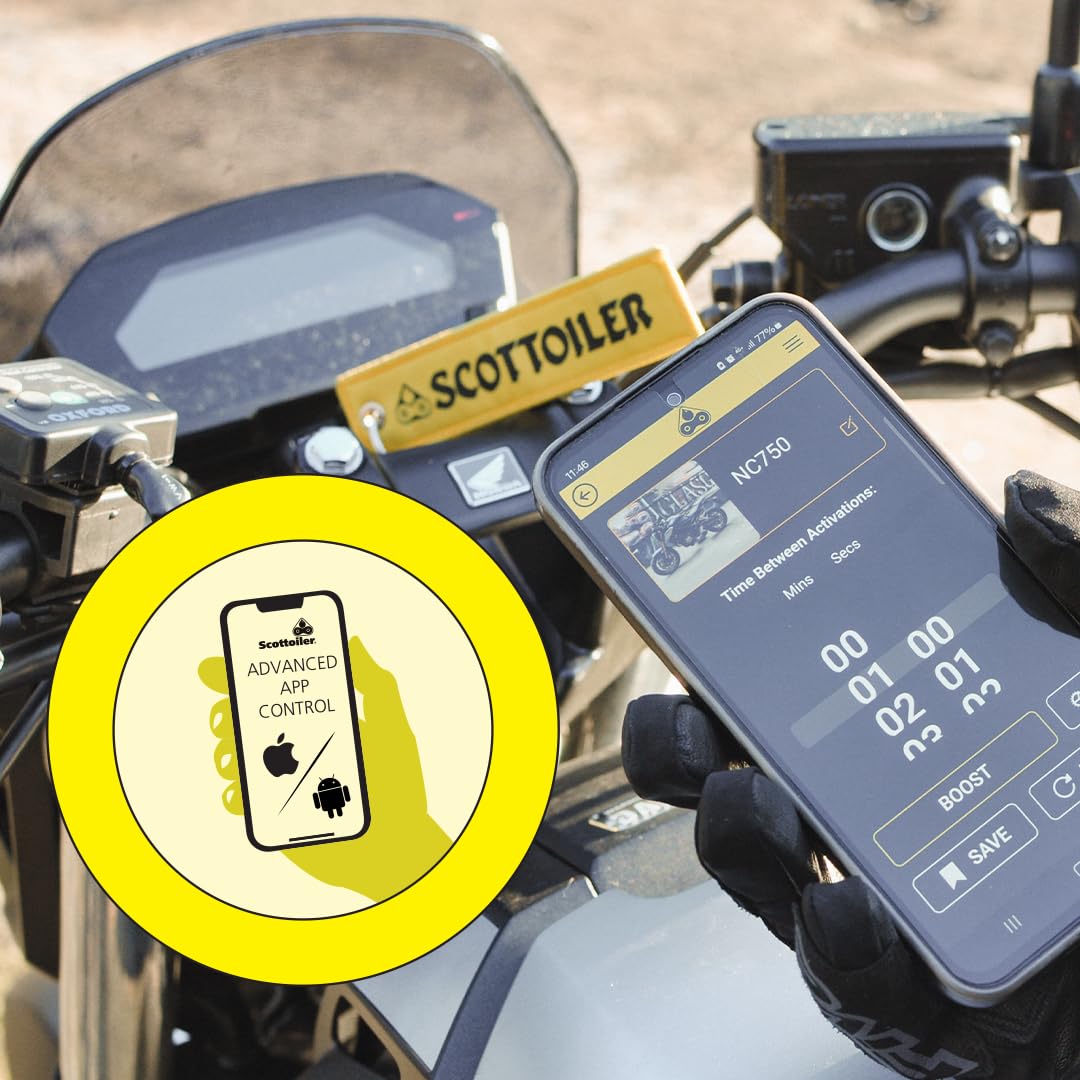 Scottoiler xSystem 3.0+ electronic chain oiler with bluetooth app control including All Climate Biodegradable Green Scottoil