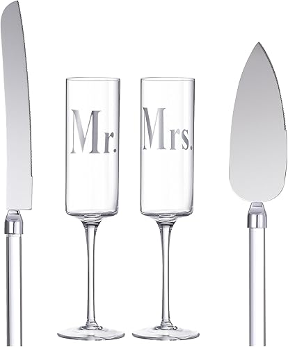 Boao Juego de 4 flautas para tostadas de boda y servidor de pasteles, suministros de recepción de boda, copas de champán, cuchillo para tartas,