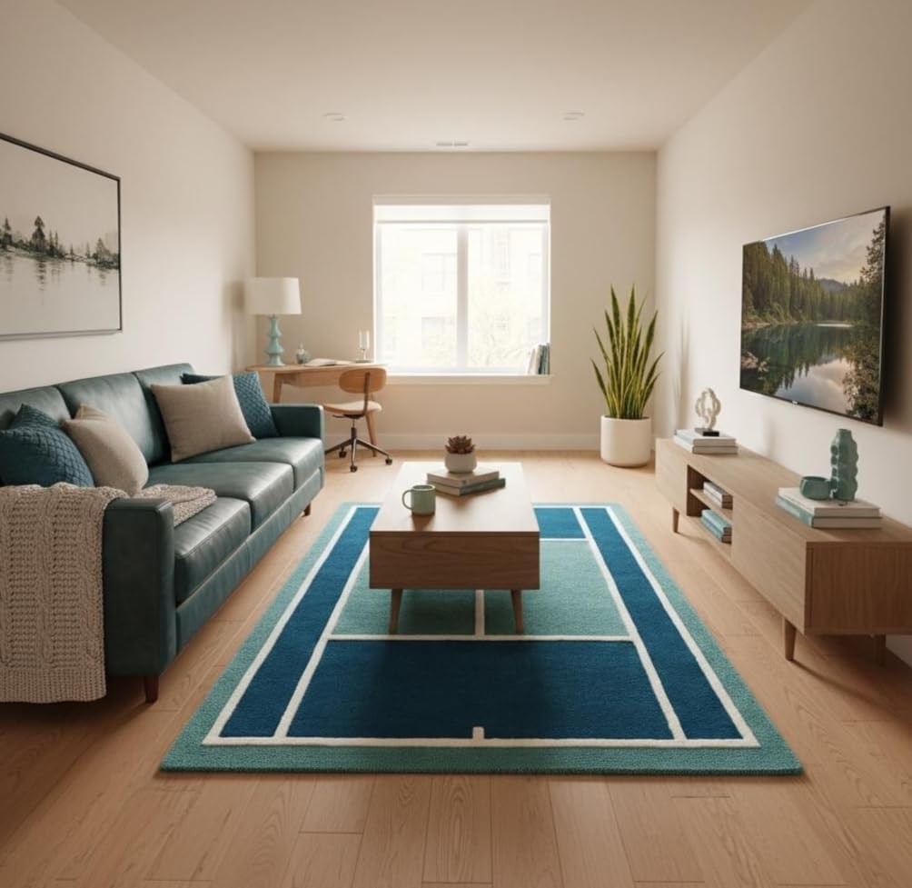 Geometric Area Rug, Teal and White Rectangular Pattern, Modern Design for Nursery and Kids Room (10 * 14 feet)