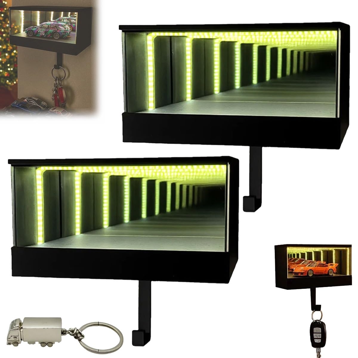 Homtrator Infinity Garage Keychain Hanger, Keypit Garage Key Holder, Race Car Key Holder Wall Mount with LED, Car Keys Display, Tiny Glowing Garages, Effortless Wall Mount Organizer for Entryway