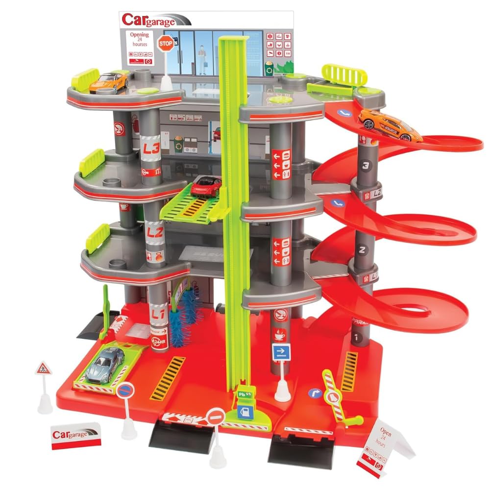 Mochtoys Garage pour Enfants - Ensemble de Parking à 4 étages avec Ascenseur, Panneaux de signalisation et Voiture, développe des capacités manuelles, pour Les Tout-Petits à partir de 3 Ans,
