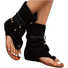 Retro Flat Tassel Gladiator Sandals for Women Bohemian Clip-Toe Flocking Fringe Sandals Casual Summer T-Strap Sandals