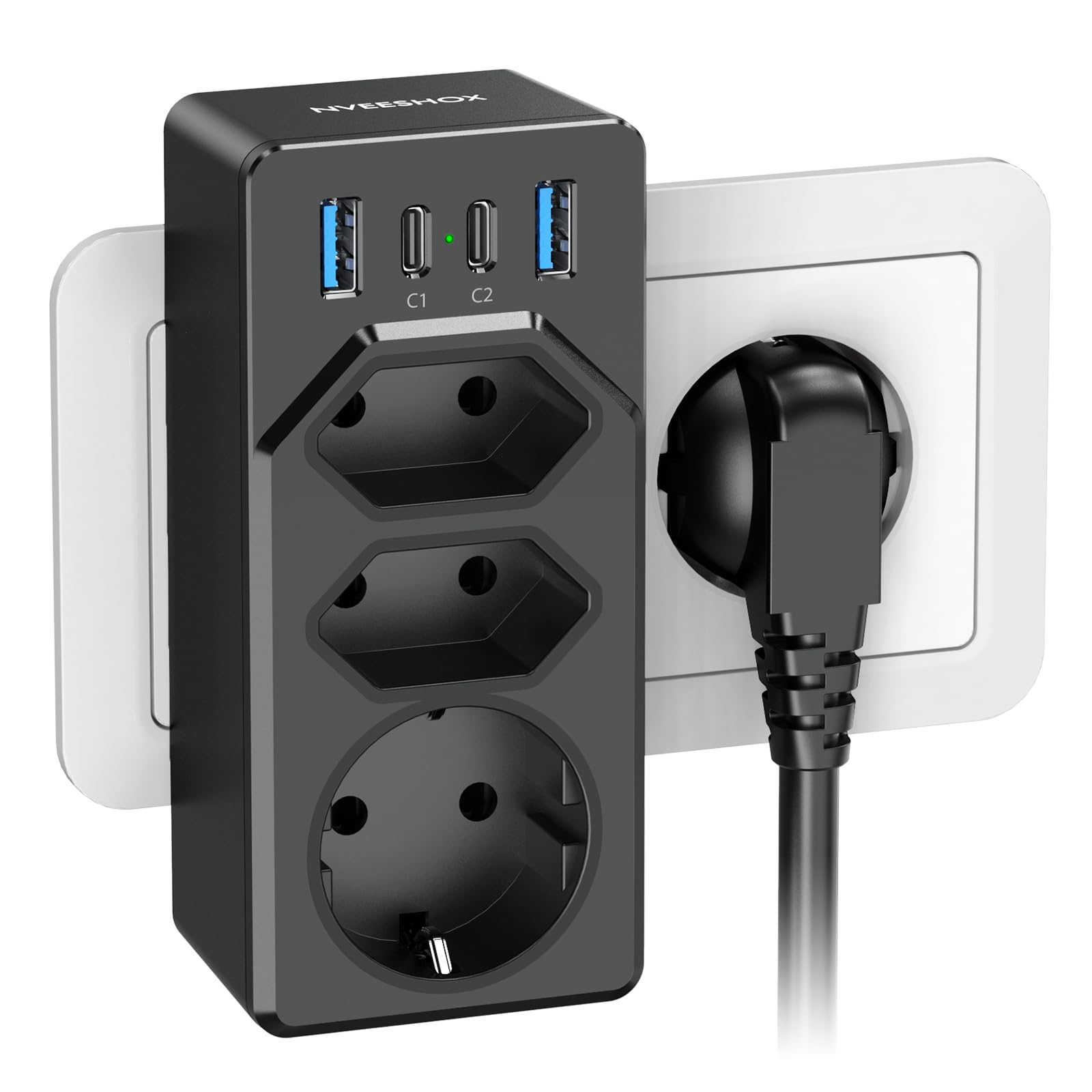 Presa Multipla 7-in-1 Con USB – 3 Prese Schuko + 3 USB-A + 1 USB-C, 4000W, Salvaspazio E Portatile, Per Casa, Ufficio E Viaggio, Bianco