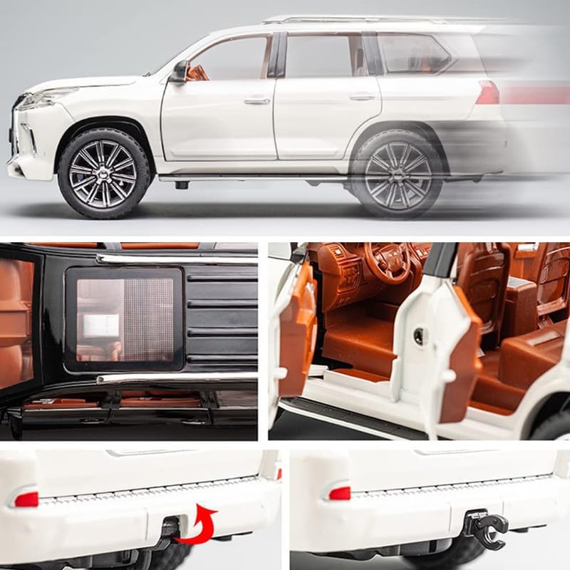 Image of Kids Model 1:24 Lx570 Die Cast Metal Car Pull Back Action Opening Doors with Realistic Engine Sound Lights Toy Car Gift for Boys - White