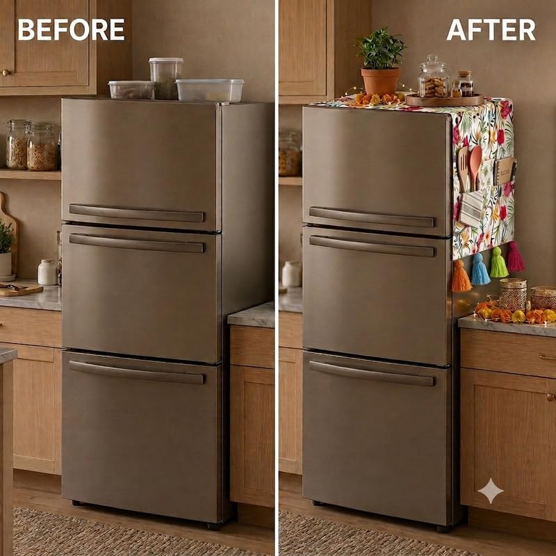 Image of Triple Door Fridge Cover 100-250L | 450 GSM Durable Fridge Top Cover with Tassels & Pockets | Fits Godrej, LG, Haier, Samsung Models | Dustproof Refrigerator Cover in Floral | WWW.THROWPILLOW.IN