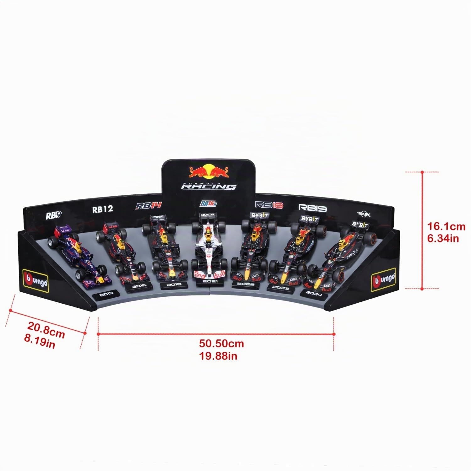 Bburago - Coffret 7 Véhicules F1 Oracle Red Bull - Échelle 1/43 - avec Présentoir - Collection Formule 1 en Métal - Cadeau Dès 3 Ans - Pack Cadeau Formule 1 Collector Red Bull