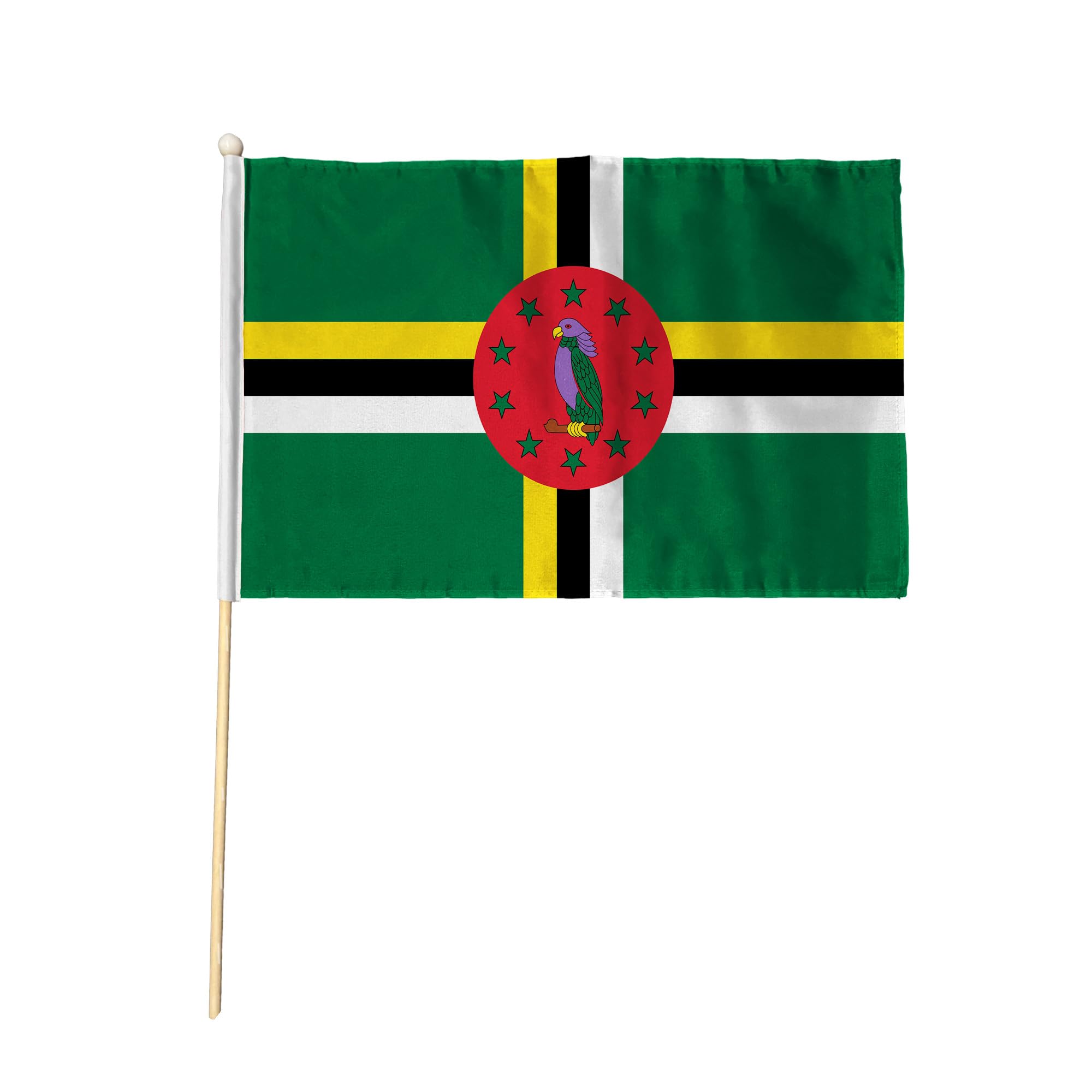 Flagtex Dominica Pack of 2 Hand Waving Flag (9x6 Inch) - Premium Wooden Stick Hand Flag 9x6 Inch Natural Wood Pole Caribbean Sisserou Parrot Green Flag Events Parades — image 1