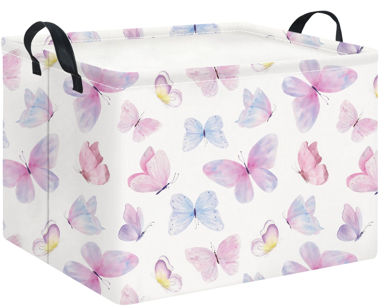 Rectangle Storage Basket with Handles,Collapsible Storage Bin,Books Box,Gift Basket(Pink Watercolor Butterfly)
