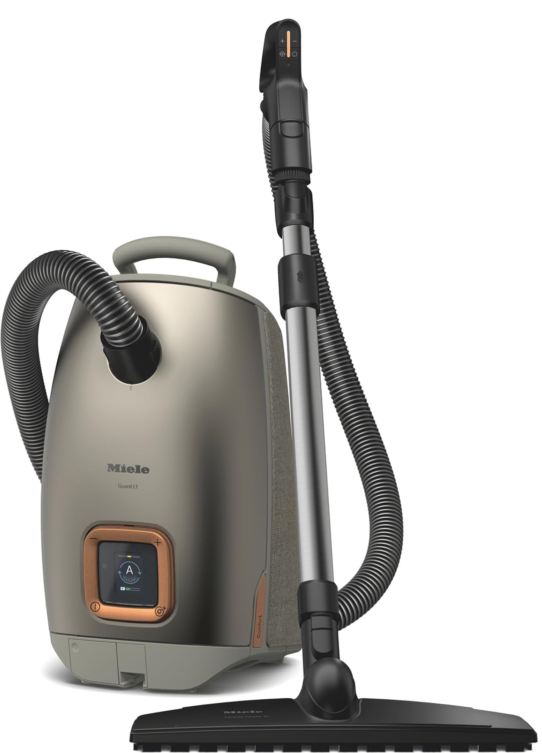 Miele Guard L1 Comfort XL Bagged Cylinder Vacuum Cleaner with Comfort Handle, AllTeQ and Parquet Twister XL Floorheads, LCD Display, in Titanium Pearl Finish Titanium PF