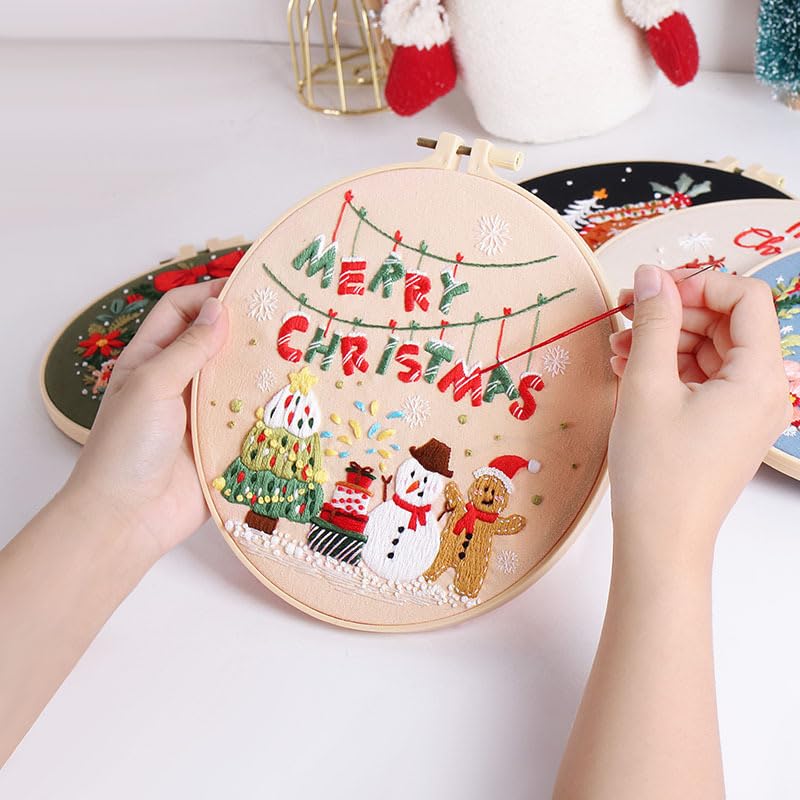 Image of Konrisa Embroidery Kits Merry Christmas Pattern Embroidery Starter Kits for Adults Beginner DIY Sewing Needlepoint Cross Stitch Practice Kit Christmas Home Decoration Handmade Gifts
