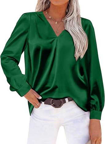 Satin Silk Blouses for Women 2025 Long Sleeve Shirts Casual V Neck Business Office Work Tops Fall Outfits 2025