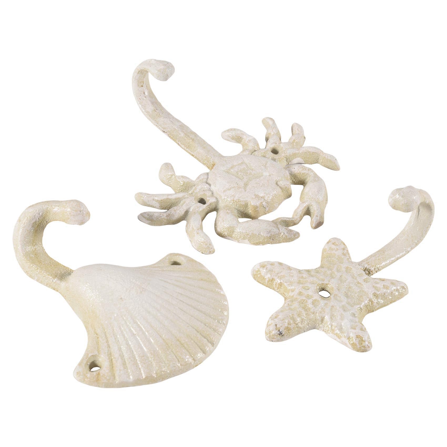 qimoi Set Of 3 Starfish Seashell Crab Cast Iron Decorative Wall Hooks Coats Aprons Towels Hooks Beach Ocean Theme Metal Hooks