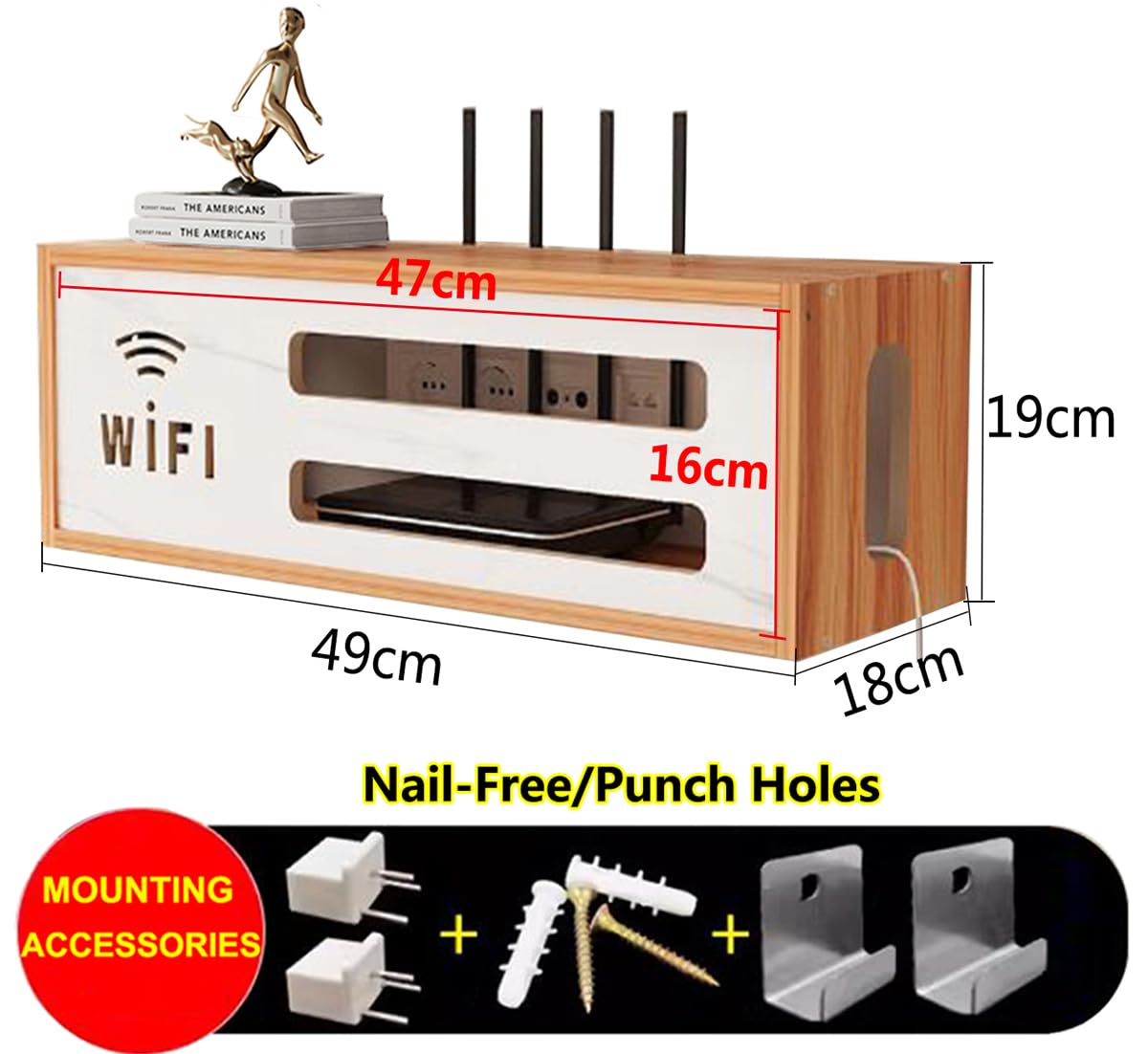 Caja Router Pared, Router Rack, Ocultar Router WiFi, Estante de Almacenamiento de Enrutador WiFi Cajas de Pared, para El Router para Sala de Estar de TV de Decoración del Hogar(Marrón)