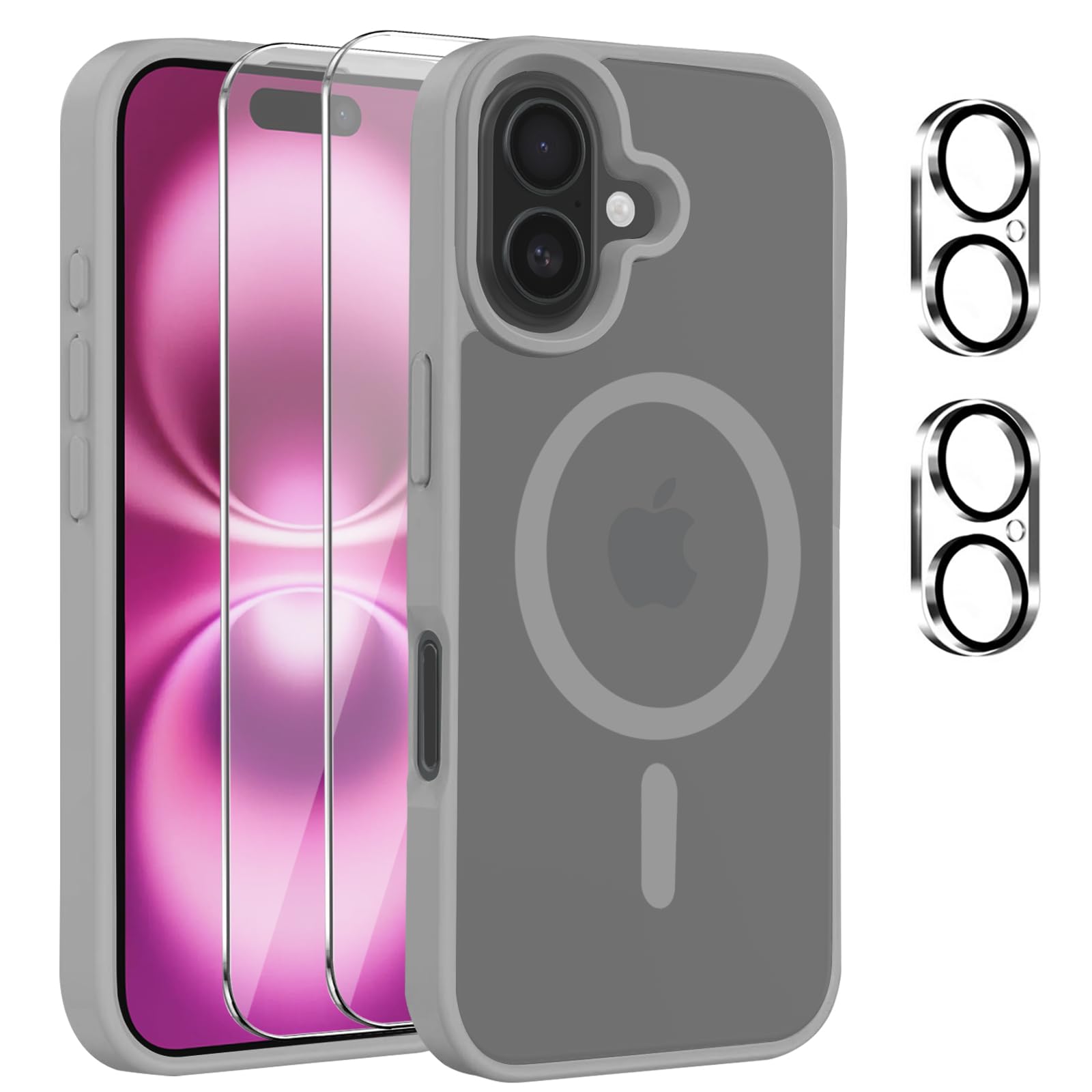 Magnetic Cover per iPhone 16 Compatibile con 2 vetri temperati e 2 vetri per fotocamera, Translucent Matte Slim Back PC+TPU Bumper Shockproof - Grigio Titanio