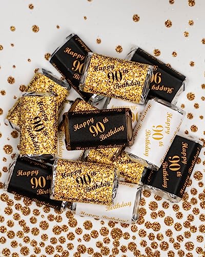 90Th Birthday Miniatures Candy Bar Wrapper, (Set Of 60) Mini Candy Bar Stickers; 3 Designs: 24 Gold, 24 Black, 12 White, Candy Not Included #TOP1