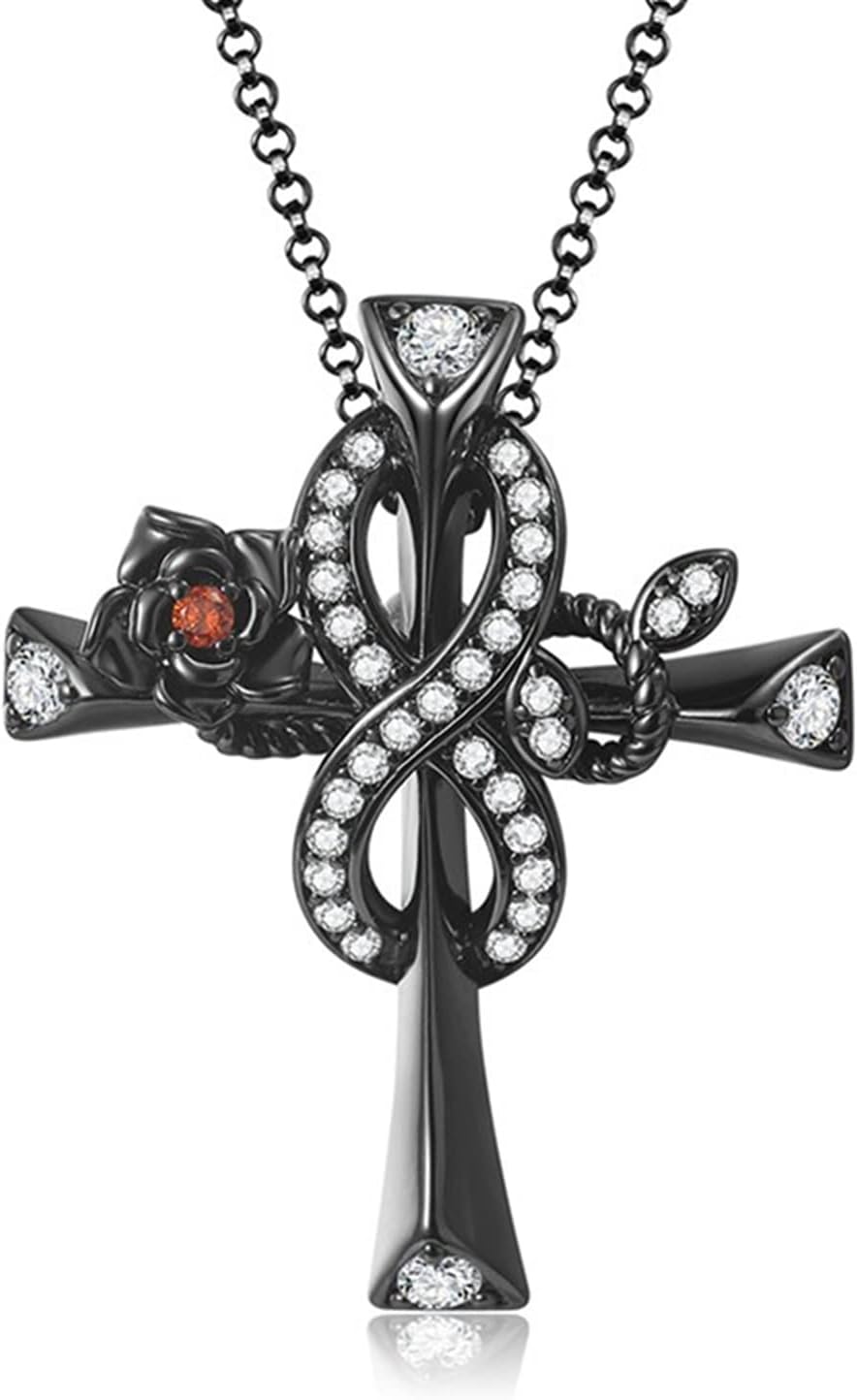 DASBE Luxury Jewelry Fashion Rose Cross Necklace Natural Crystal Gothic Cross Pendant Valentines Day Gift Necklace For Women