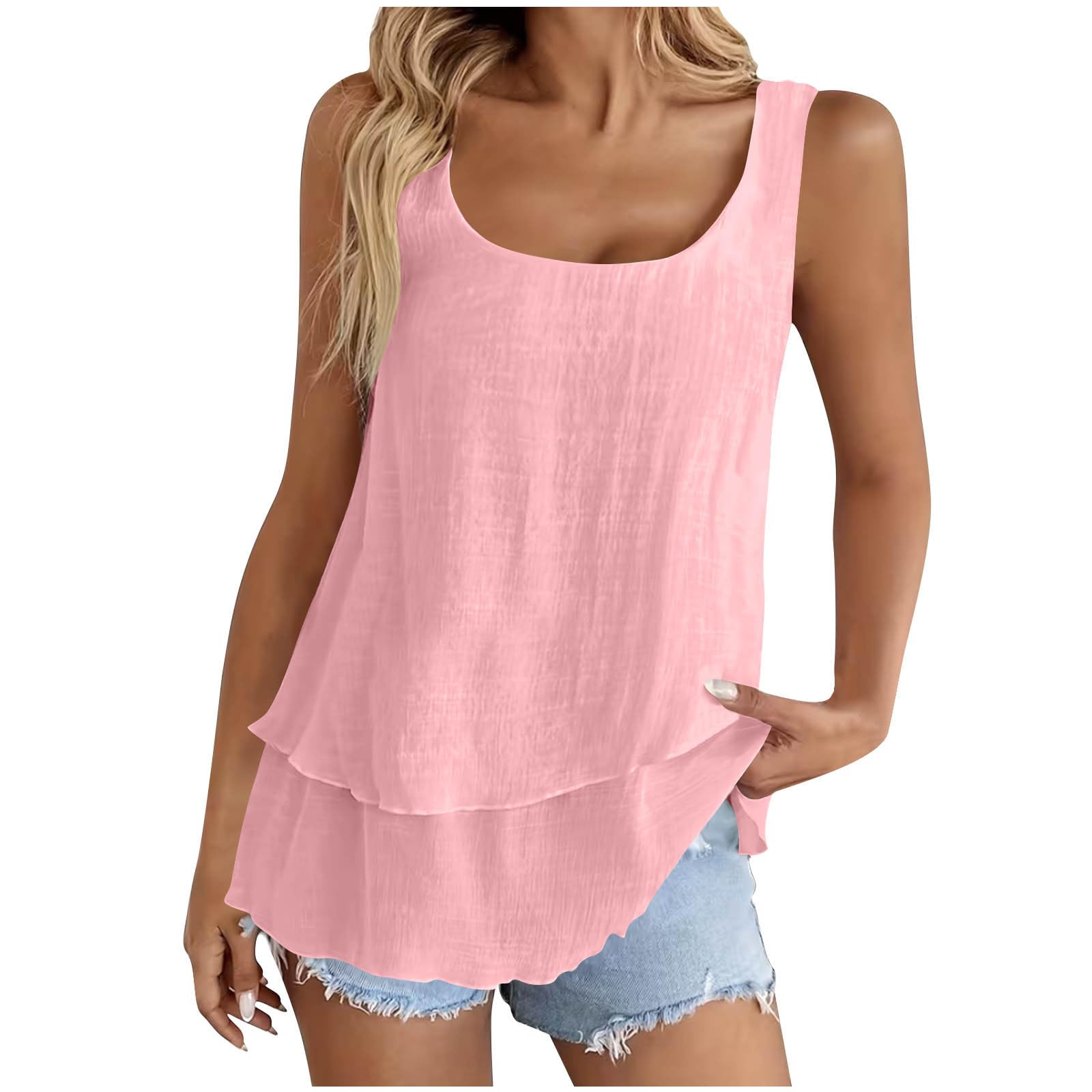 Tank Top Damen Sommer,V-Ausschnitt Doppelter Saum Leinenbluse Elegante Ärmellose Shirts Leinenshirt Baumwolle Einfarbige T-Shirts Basic Blusentop Musselin Tanktops für Urlaub Strand