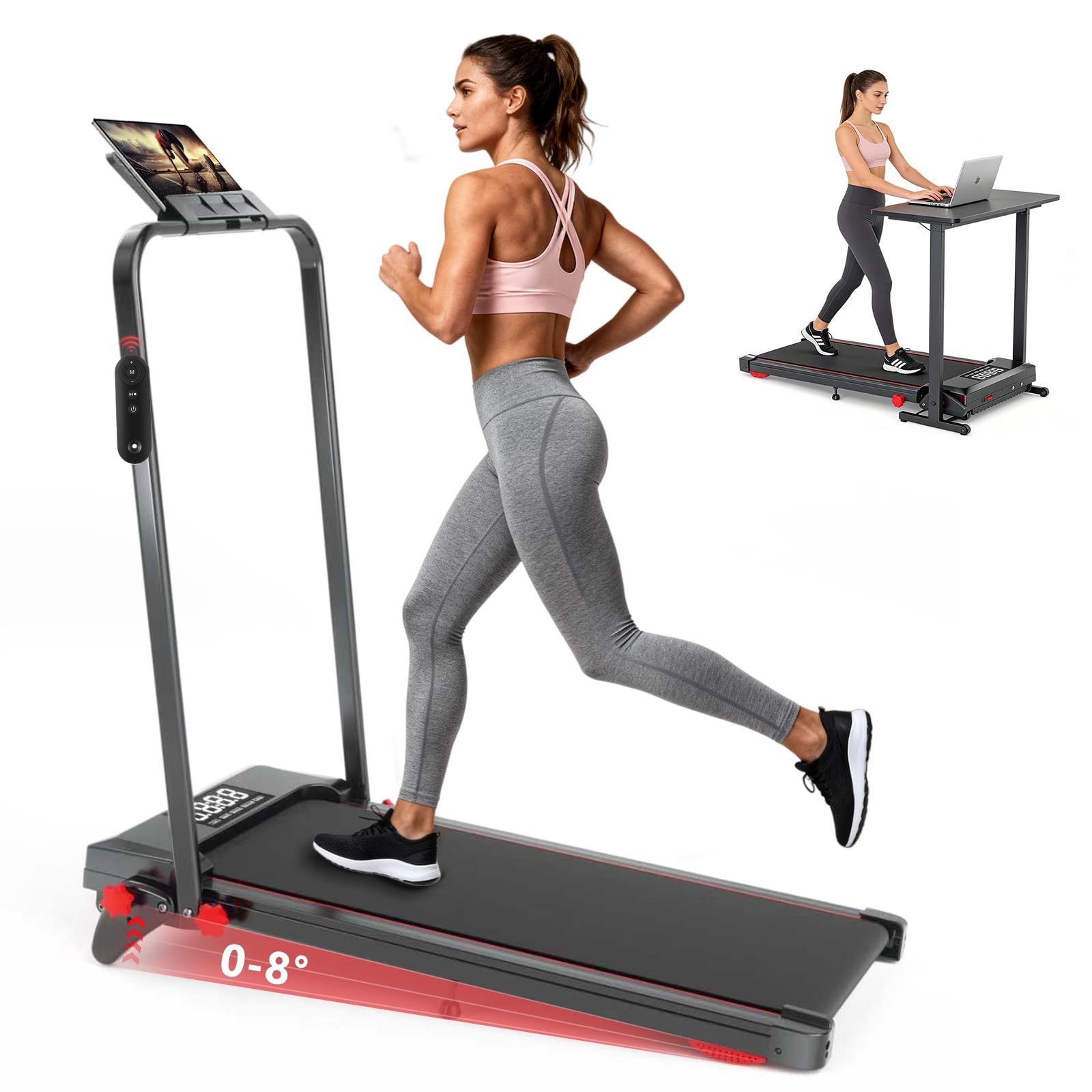 Walking Pad Treadmill with Incline and Handle Bar, 7.5MPH Under Desk Foldable Treadmill for Home Office with Remote Control