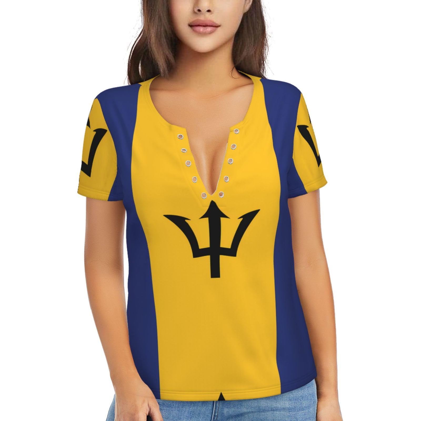 WBQLSL Flag of Barbados Printed Women's Slim deep V-Neck Short-Sleeved, Yoga Running Training Clothes, Black, XL