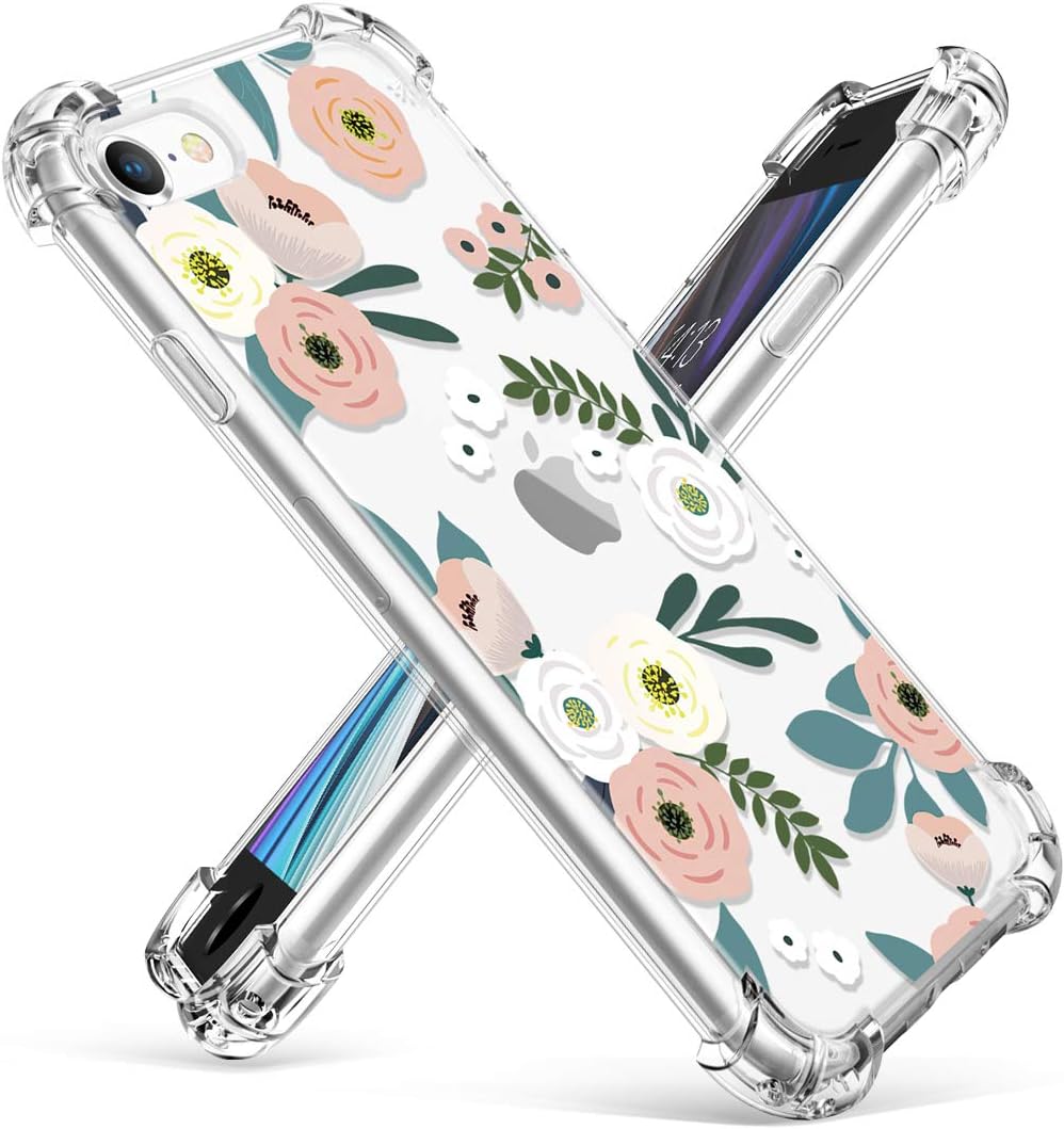 GVIEWIN Clear Flower iPhone SE 2020 Case/iPhone 8 Case/iPhone 7 Case, Soft TPU Silicone Ultra-Thin Slim Fit Transparent Woman Flowers Flexible Cover for 4.7" iPhone SE2/7/8 (Fresh Touch/Cyan)