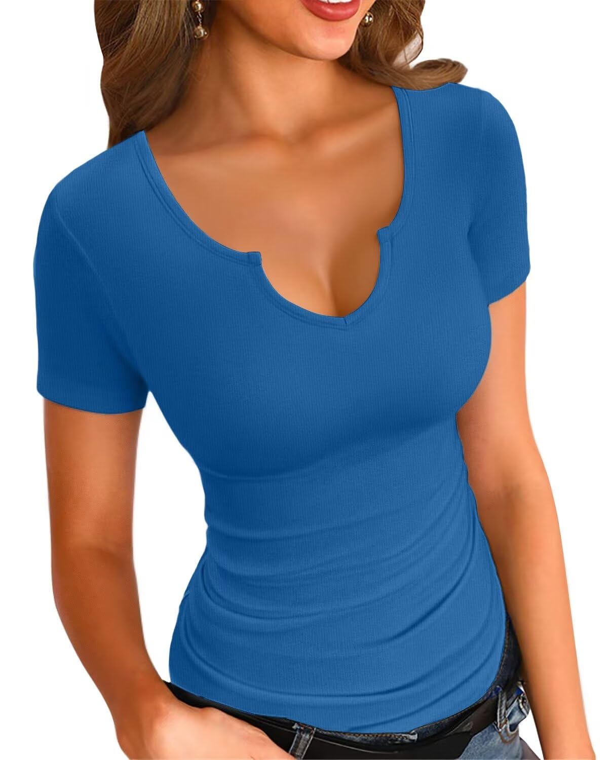 VICHYIEVICHYIE Womens Tops V Neck Summer Short Sleeve Casual Slim Fitted Ribbed Tshirt