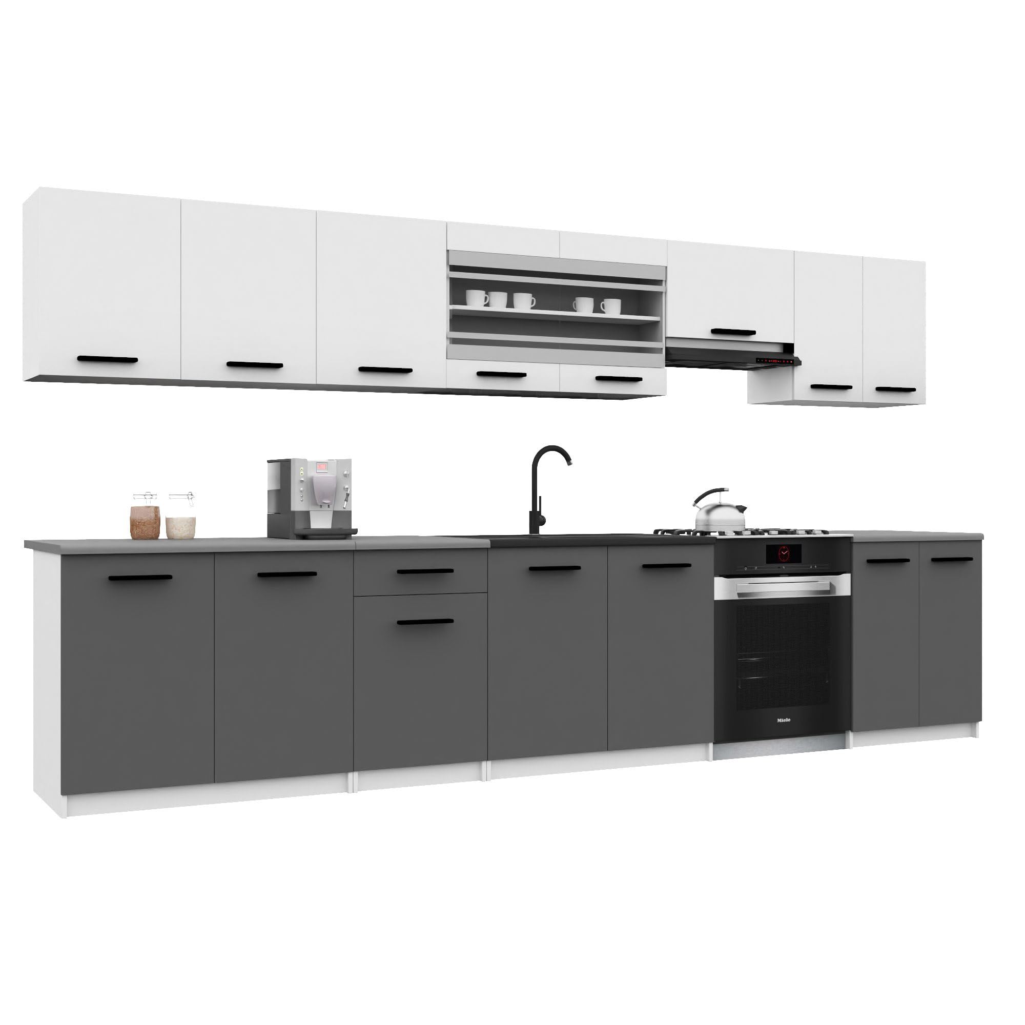 Belini Italia 3 Liniowa szafka kuchenna 320 cm biało-szara matowa | ECONATURA DECOR Liniowa szafka kuchenna, szafka, bez sprzętu AGD, z blatem roboczym