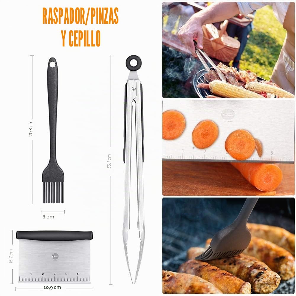 Huolewa 9 Piezas Conjunto de Espátula para Barbacoa, Juego de Barbacoa de Espatula Plancha de Acero Inoxidable, Herramientas de Espátula para Grill, con Cepillo, Botella y Bolsa de Almacenamiento