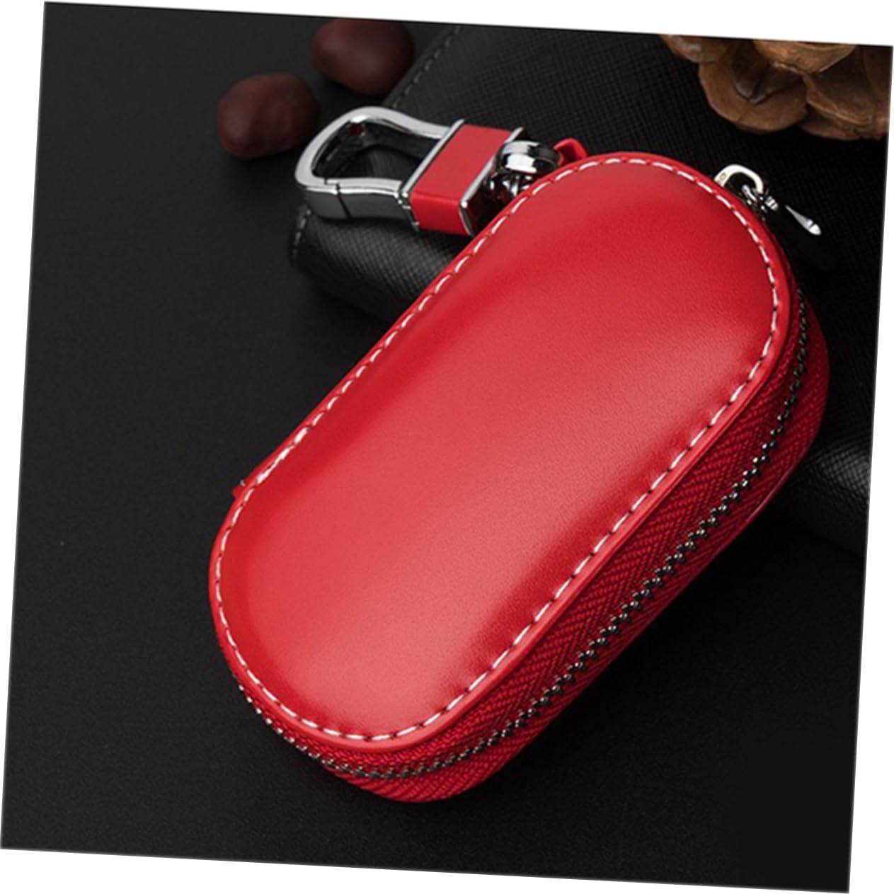 SOLUSTRE 3pezzi Portachiavi Pelle Per Auto Con Cerniera Borsa Portachiavi Multifunzionale Rossa Organizer Per Chiavi e Monete Design Elegante e Resistente Per Uomini
