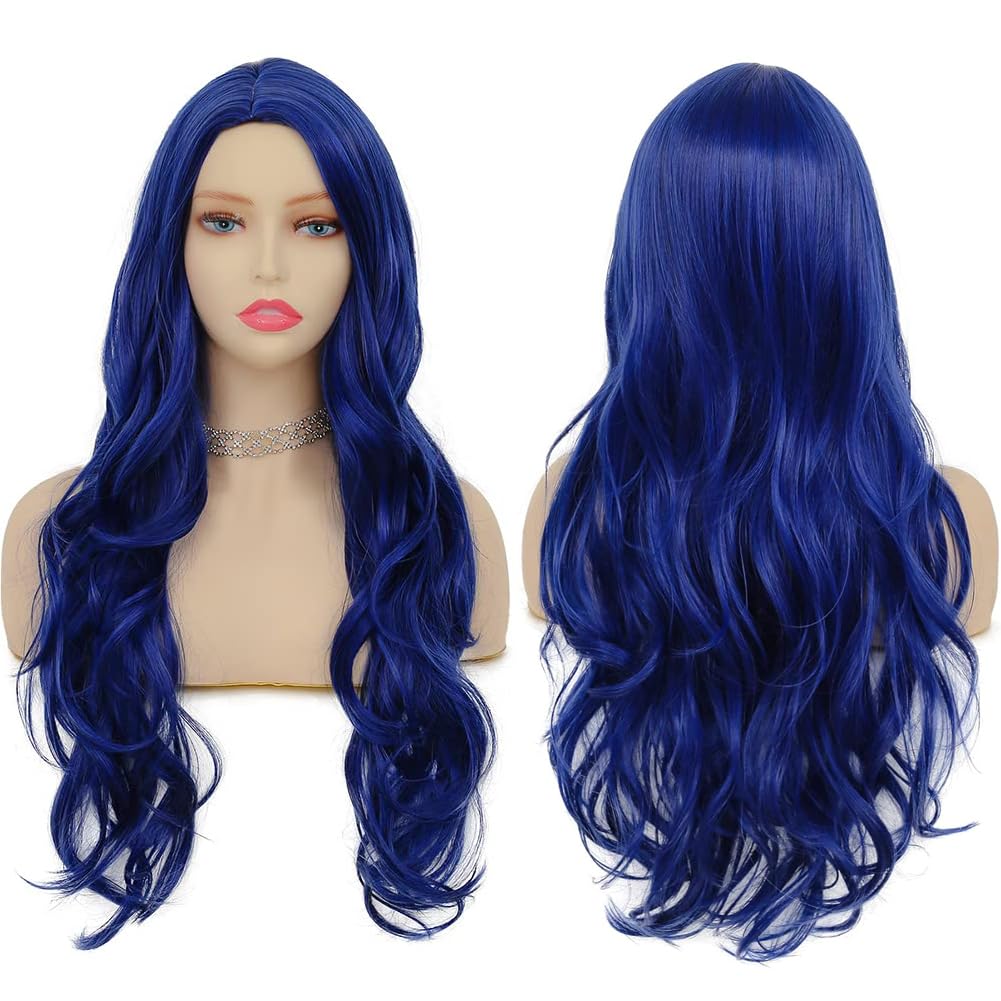 PORSMEER Long Blue Wavy Synthetic Hair Wigs for Women Anime Fancy Dress Costume Halloween Party Cosplay Wig 27 inch Long Replacement Full Wig with Middle Part