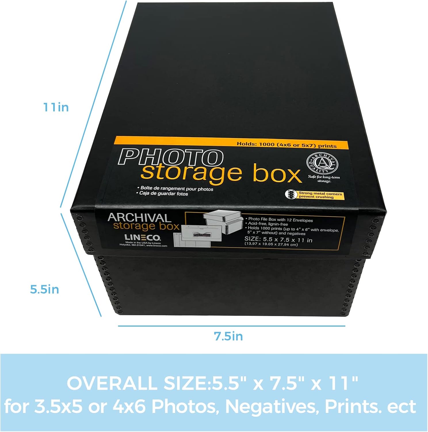 Lineco 4x6 Photo Storage Box, with 12 Acid-Free Envelopes, Holds Up to 1000 3.5" x 5", or 4" x 6" Pictures, Metal Edge Archival Organizer for Cards Stickers Stamps Seeds, 5.5x7.5x11. Black, 2 Pack