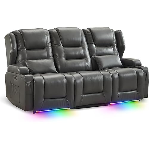 SAMERY Power Loveseat Recliner Sofa, 79.5" Reclining Loveseat 3-Seater Sofa Couch for Living Room, Home Theater, Rv, Small Spaces, with Storage/USB Ports/LED Light/Cup Holders/Pillows/Outlets