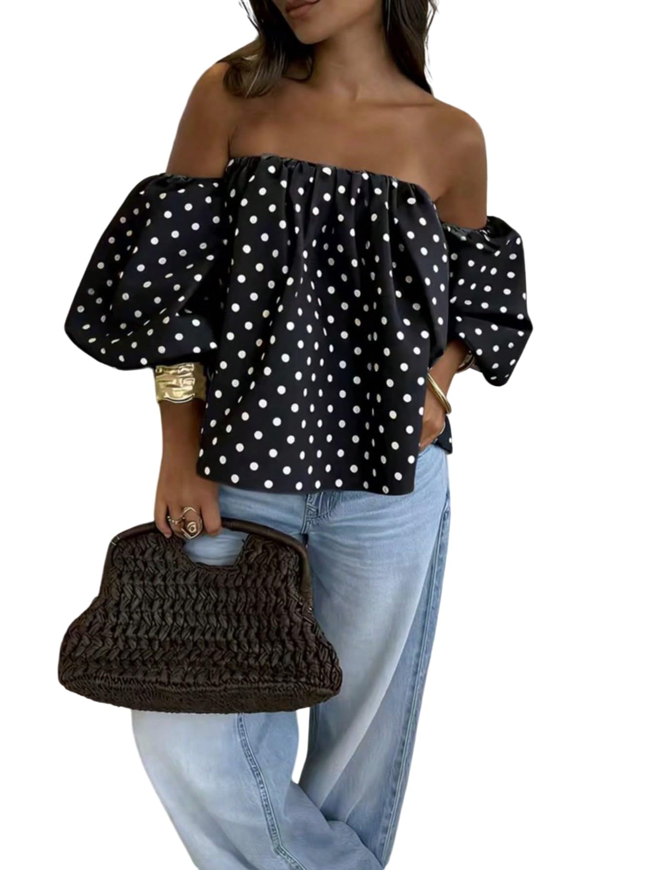 GORGLITTER Camicetta da donna con spalle scoperte, estiva, con motivo a pois, maniche a sbuffo, per il tempo libero