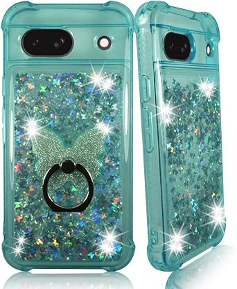 Zase for Google Pixel 8a 2024 Cute Clear Phone Case Floating Liquid Glitters 3D Butterflies Sparkly Bling Waterfall Protective Shockproof Cover w/Phone Ring Holder Stand Teal Mint Blue