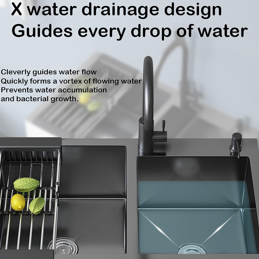 29/31In Stainless Steel Laundry Sink,Cabinet Free Standing Utility Sink,Modern Double Bowl Sinks,with Pull-Down Faucet,Multi-Use for Bathroom Laundry Room Kitchen Garage,Black,81 * 43 * 77cm