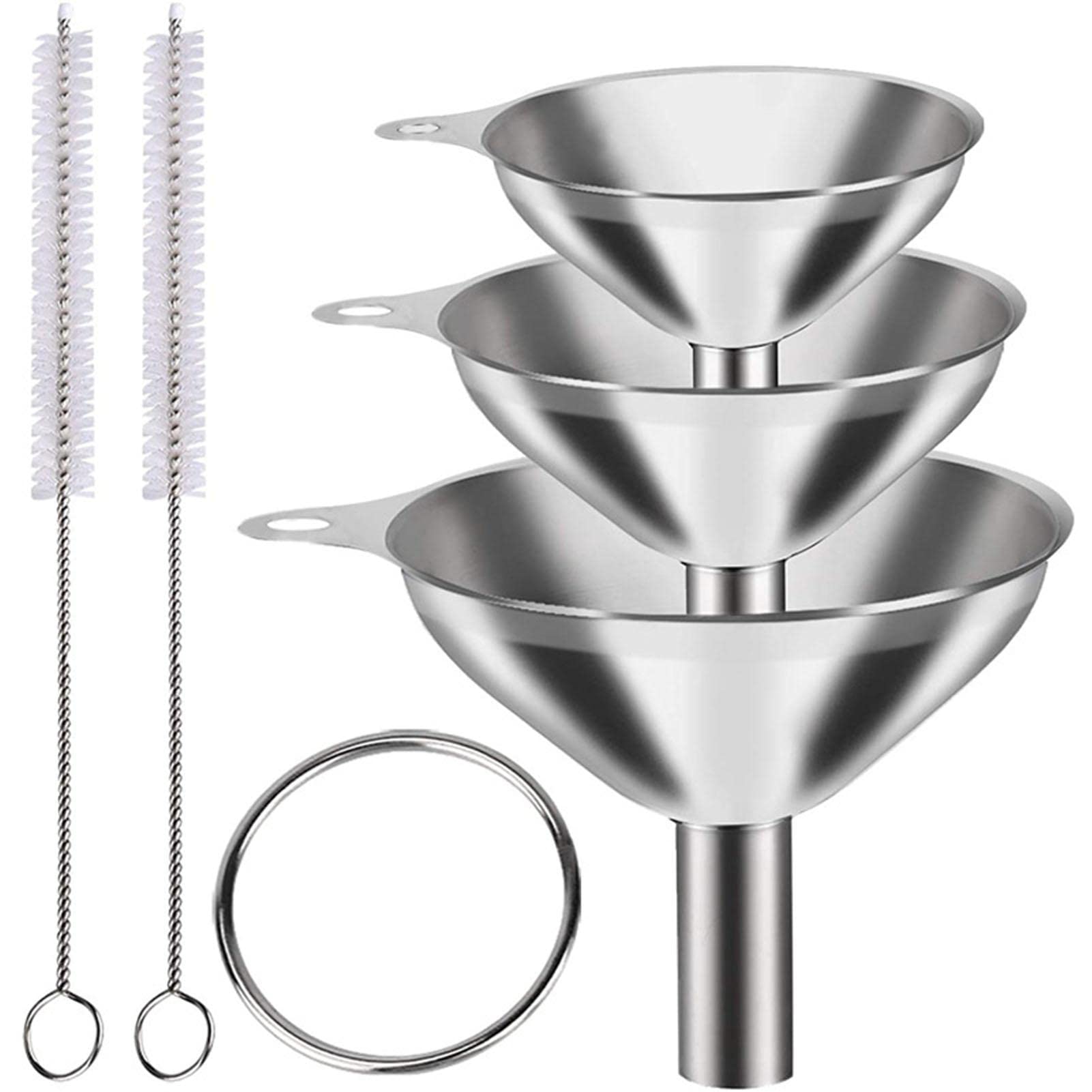 Juego de 3 embudos de metal de acero inoxidable, embudos grandes y pequeños de grado alimenticio para cocina, utensilios de cocina para aceites, especias líquidas, ingredientes secos,