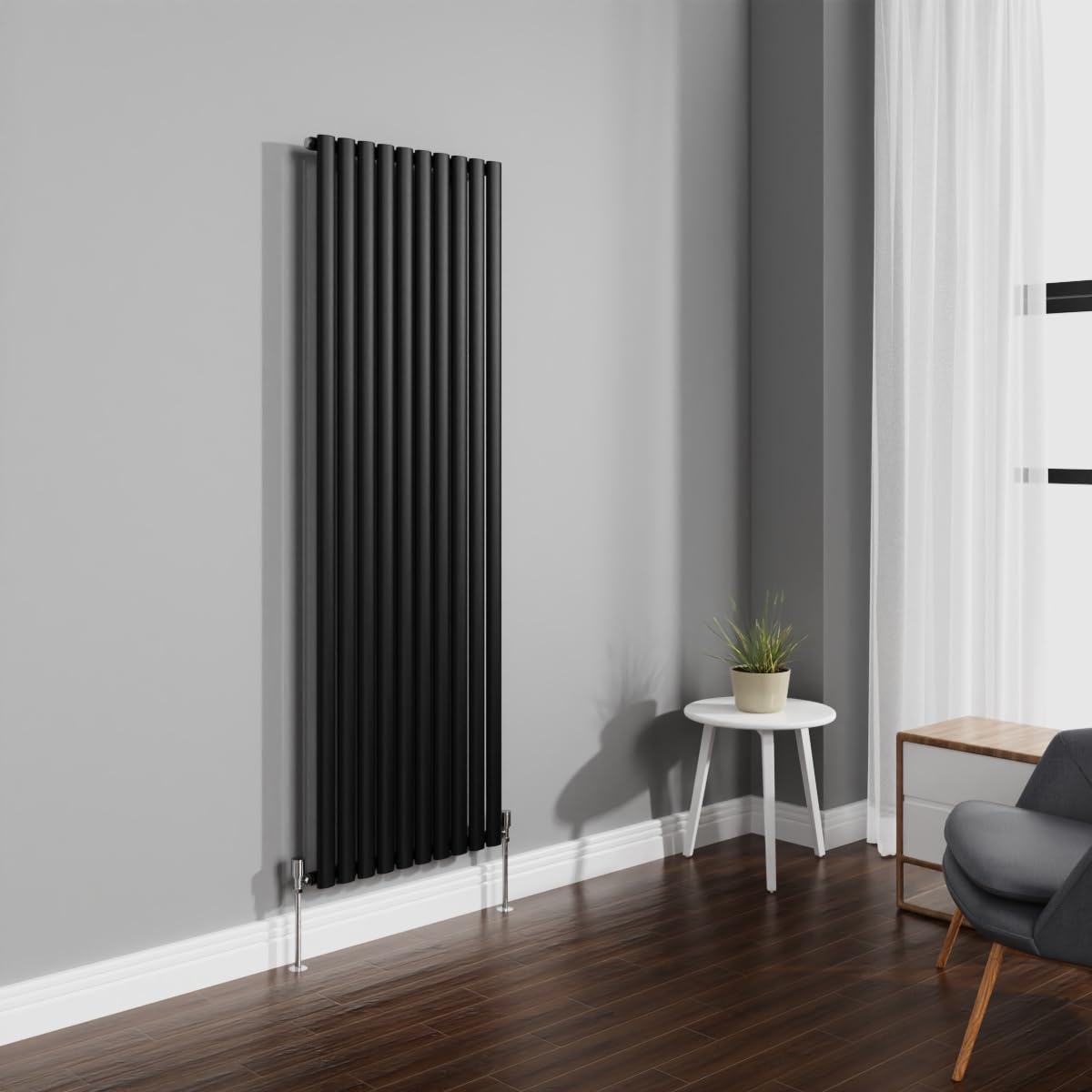 Nrg Black 1800X590mm Radiator Vertical Oval Panel Bathroom Single Rad