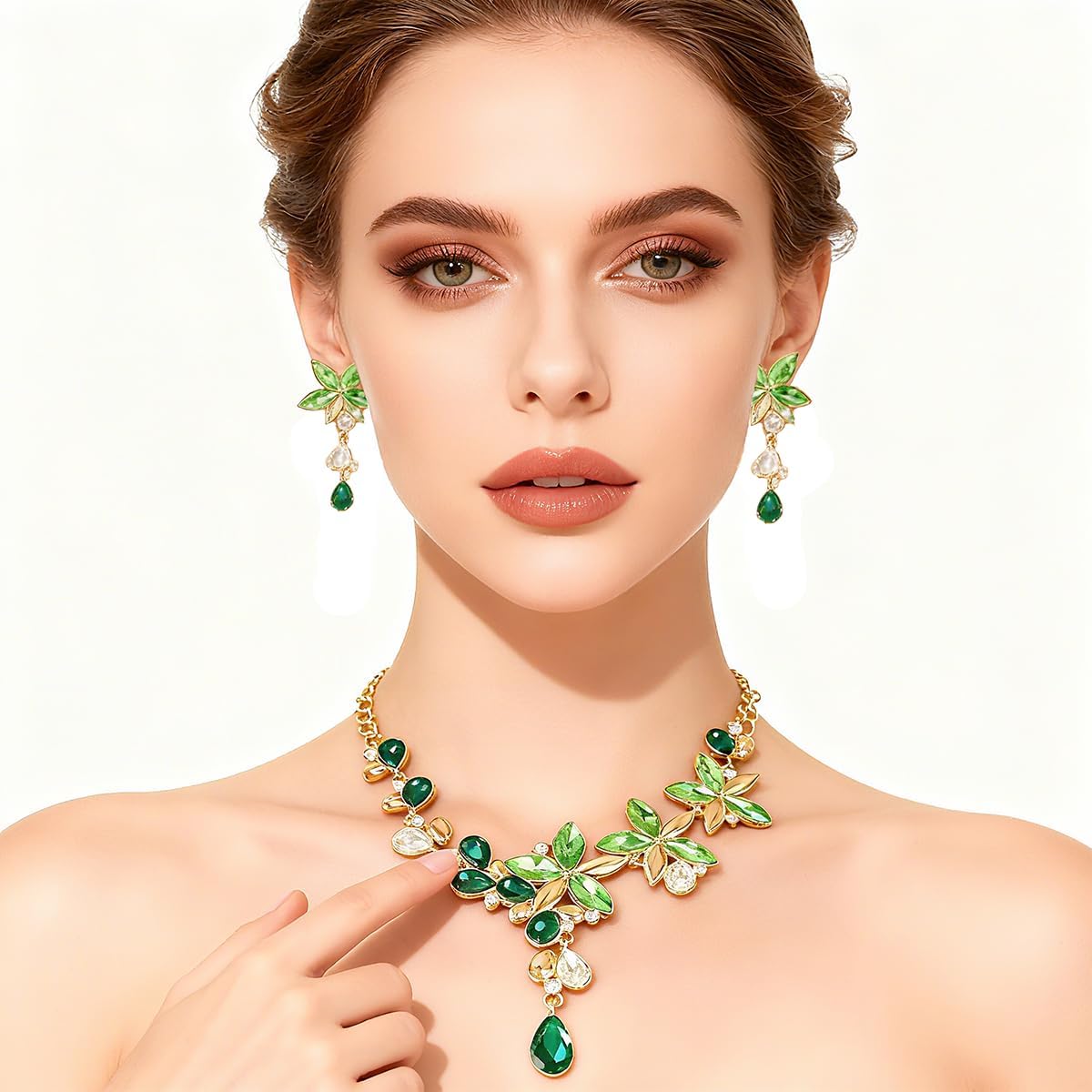 Bridal Wedding Jewelry Set Red Green Blue Rhinestone Necklace Earrings Teardrop Cluster Pendant Necklace Crystal Jewelry Accessories for Women - Image 2