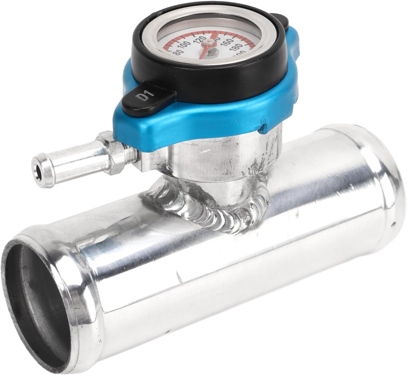 Radiator Inline Filler Neck, 1.5in OD Aluminum Coolant Hose Adapter with Temperature Display Cap, T6061 Polished Fitting for Car Cooling Systems