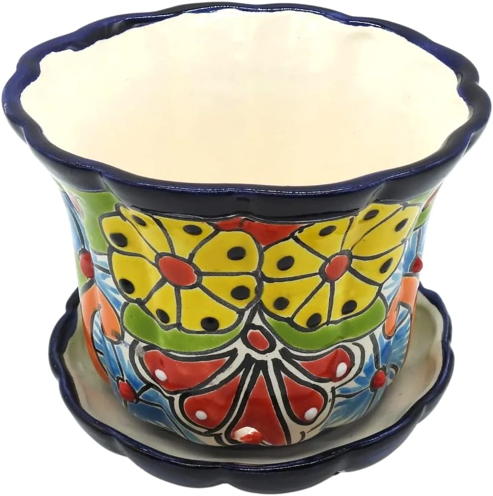 Violet Pot with Saucer Small Hand Painted Planter Indoor Outdoor Multi Colored Glazed Puebla