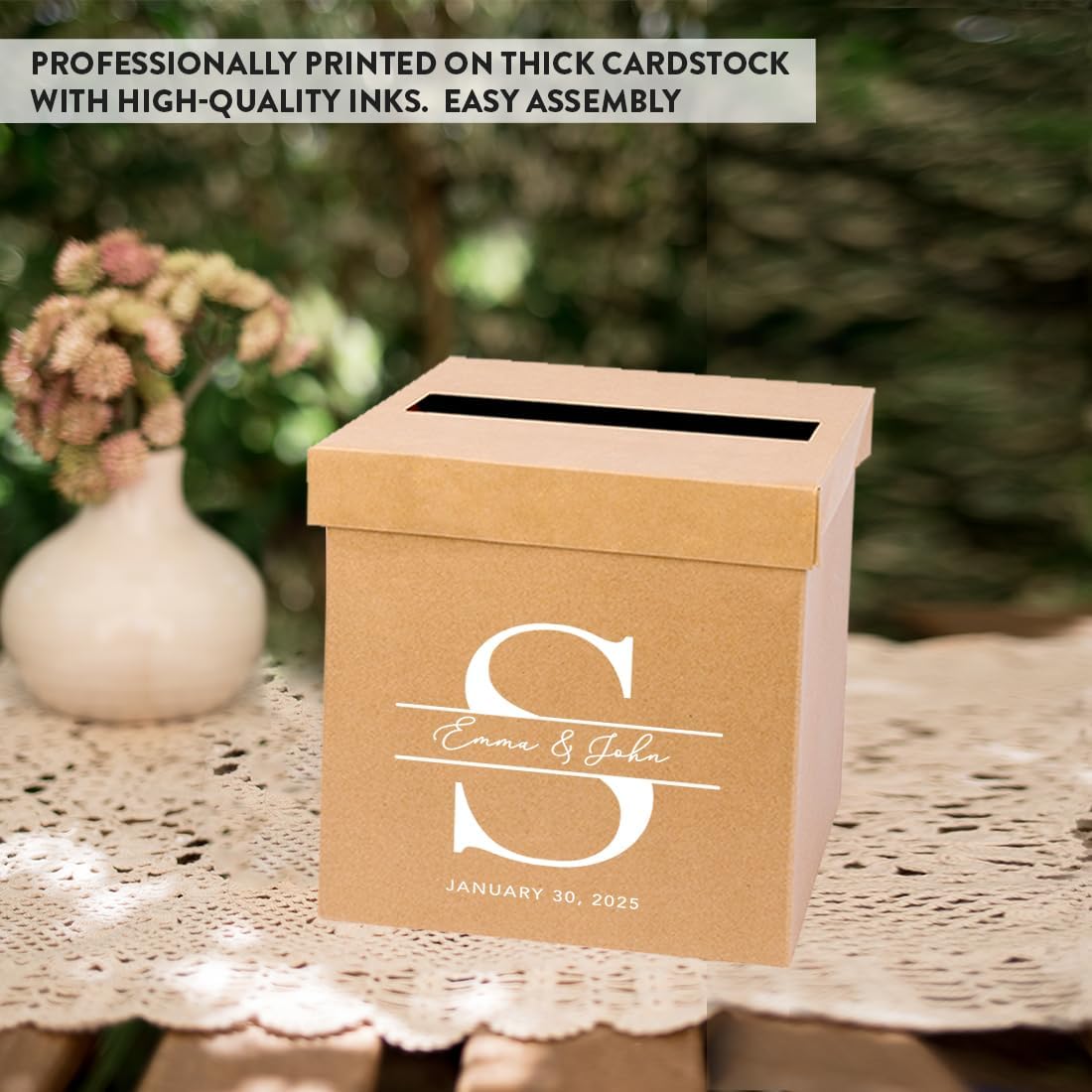 Andaz Press Personalized Sturdy Rustic Card Box for Wedding Natural Kraft with White Text Modern Monogram Custom Post Box Rustic Card Box for Country Wedding Decorations Reception 10x10x10 Inches